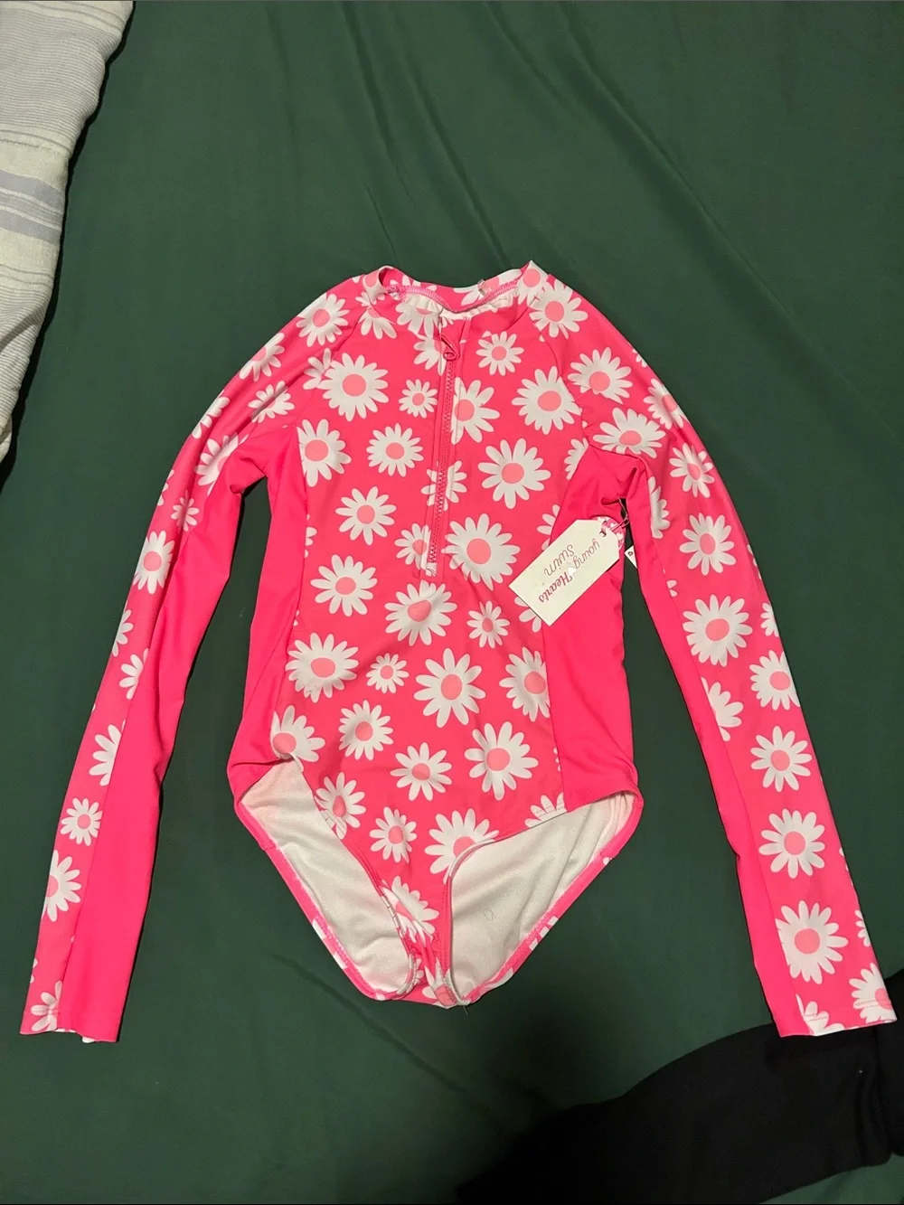 Girls' Pink Daisy Long-Sleeve Rashguard Swimsuit